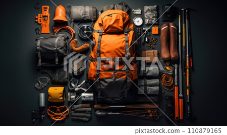 Orange backpack flat lay of various technologies with climbing equipment arranged on black background 110879165