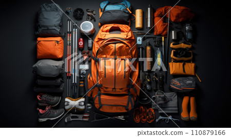 Orange backpack flat lay of various technologies with climbing equipment arranged on black background 110879166