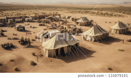 Aerial view of typical desert camp conducts desert safari tours 110879181