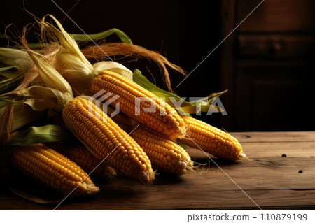 Cobs of ripe raw corn laid on dark wood textured table. Healthy summer food concept. Fresh uncooked corncob. Cobs of ripe raw corn laid on dark wood textured table. Healthy summer food concept. Fresh uncooked corncob. 110879199
