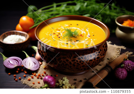 vegan asian vegetable soup with mixed vegtable and soy protein, healthy plant-based food recipes 110879355