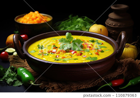 vegan asian vegetable soup with mixed vegtable and soy protein, healthy plant-based food recipes 110879363