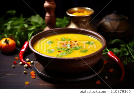 vegan asian vegetable soup with mixed vegtable and soy protein, healthy plant-based food recipes 110879365