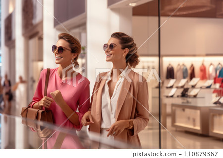 Women in shopping. Two happy women with shopping bags enjoying in shopping, having fun in the city. Consumerism, shopping, lifestyle concept 110879367