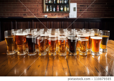 Cold mugs and glasses of beer on the old wooden table at the black background. Assortment of beer 110879385