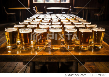 Cold mugs and glasses of beer on the old wooden table at the black background. Assortment of beer 110879388