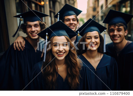 Happy graduate students dressed in black graduation gowns holding diplomas. Portrait of smiling diverse academy graduates in black mortar board caps c 110879400