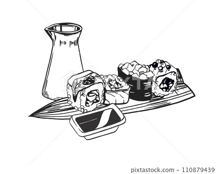 vector illustration of Japanese food theme with rolls, sushi, sashimi, soy sauce and bamboo leaves, hand drawn inked monochrome sketch of seafood isolated on white background vector illustration of Japanese food theme with rolls, sushi, sashimi, soy sauce and bamboo leaves, hand drawn inked monochrome sketch of seafood isolated on white background 110879439