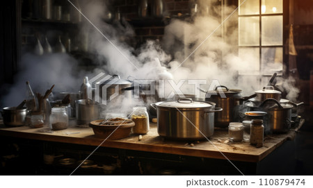 Boiling water with steam in a pot on an electric stove in the kitchen. Boiling water with steam in a pot on an electric stove in the kitchen. 110879474