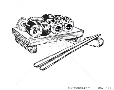 vector illustration of Japanese food theme with sushi, sashimi, wasabi on wooden board and chopsticks on a stand, hand drawn inked monochrome sketch of seafood isolated on white background 110879475