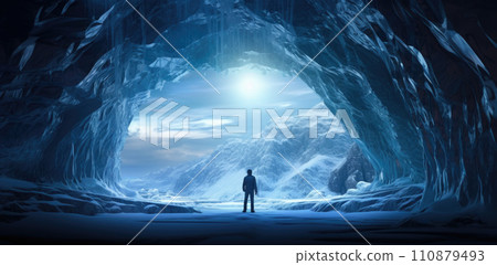 Man exploring an amazing glacial cave 110879493