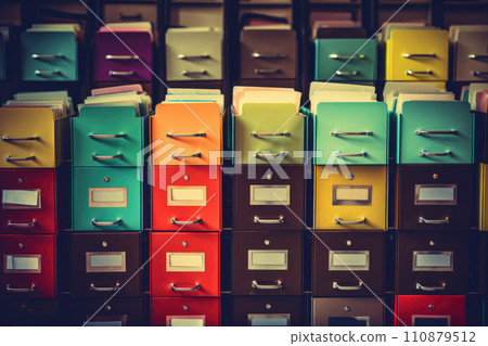 Wall mounted multi color filing cabinets, a drawer with files inside is open, administration and business concept Wall mounted multi color filing cabinets, a drawer with files inside is open, administration and business concept 110879512