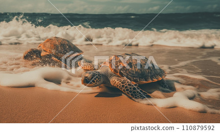Baby turtle doing her first steps to the ocean 110879592