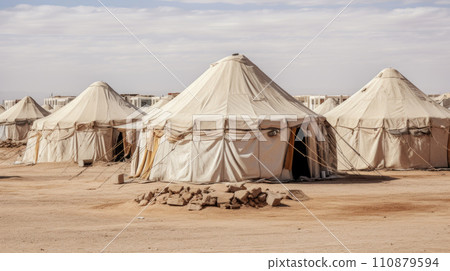 Camp of tents in the desert. Sand landscape 110879594
