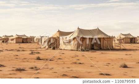 Camp of tents in the desert. Sand landscape 110879595