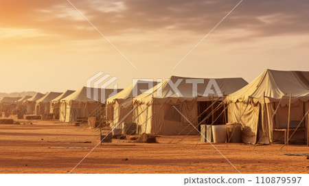 Camp of tents in the desert. Sand landscape 110879597