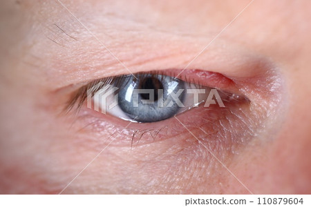 Contented gaze man, close up human eye European 110879604