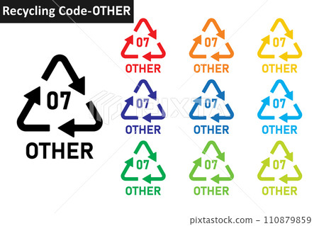 OTHER plastic recycling code icon set. Plastic recycling symbol 07 OTHER. Plastic recycling code 07 icon collection in ten different colors. Set of plastic recycling code symbol icon 07 OTHER. OTHER plastic recycling code icon set. Plastic recycling symbol 07 OTHER. Plastic recycling code 07 icon collection in ten different colors. Set of plastic recycling code symbol icon 07 OTHER. 110879859
