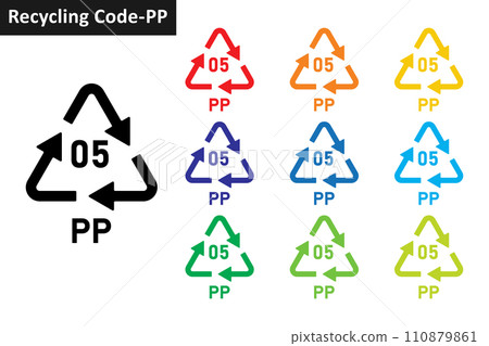 PP plastic recycling code icon set. Plastic recycling symbol 05 PP. Plastic recycling code 05 icon collection in ten different colors. Set of plastic recycling code symbol icon 05 PP. 110879861