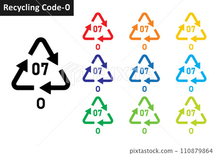 OTHER plastic recycling code icon set. Plastic recycling symbol 07 O. Plastic recycling code 07 icon collection in ten different colors. Set of plastic recycling code symbol icon 07 O. OTHER plastic recycling code icon set. Plastic recycling symbol 07 O. Plastic recycling code 07 icon collection in ten different colors. Set of plastic recycling code symbol icon 07 O. 110879864
