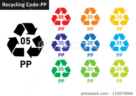 PP plastic recycling code icon set. Mobius Strip Plastic recycling symbol 05 PP. Plastic recycling code 05 icon collection in ten colors. Set of plastic recycling code symbol icon 05 PP. PP plastic recycling code icon set. Mobius Strip Plastic recycling symbol 05 PP. Plastic recycling code 05 icon collection in ten colors. Set of plastic recycling code symbol icon 05 PP. 110879866