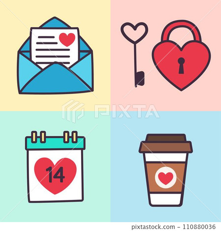 Valentines day elements vector set. Gifts, hearts, envelopes, desserts, locks and other traditional decorations. Cartoon style illustrations. 110880036