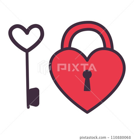 Valentines day traditional decoration. Illustrations in cartoon style. Heart-lock and key Valentines day traditional decoration. Illustrations in cartoon style. Heart-lock and key 110880068