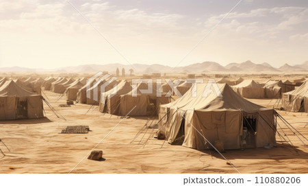 Camp of tents in the desert. Sand landscape Camp of tents in the desert. Sand landscape 110880206