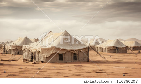 Camp of tents in the desert. Sand landscape Camp of tents in the desert. Sand landscape 110880208
