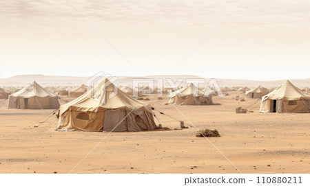 Camp of tents in the desert. Sand landscape 110880211