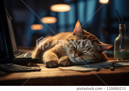 close-up shot of a cat, the cat is sleeping on the desk 110880231