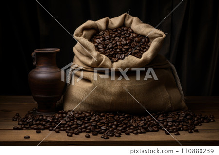 Single open burlap satchel on side with whole coffee beans spilling out over wood panel Single open burlap satchel on side with whole coffee beans spilling out over wood panel 110880239