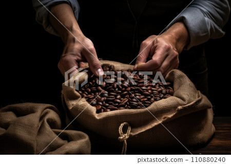 Single open burlap satchel on side with whole coffee beans spilling out over wood panel Single open burlap satchel on side with whole coffee beans spilling out over wood panel 110880240