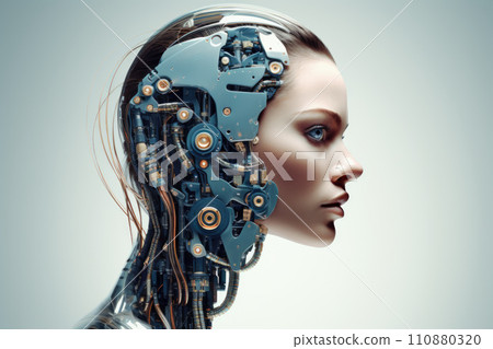 Cyborg woman with machine part of her face. Over gray background Cyborg woman with machine part of her face. Over gray background 110880320
