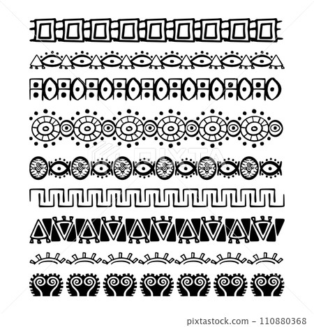 Set aztec tribal motive border in doodle hand drawn style from geometrical shapes isolated on white background. boho scandinavian srtoke, traditional native decor. 110880368