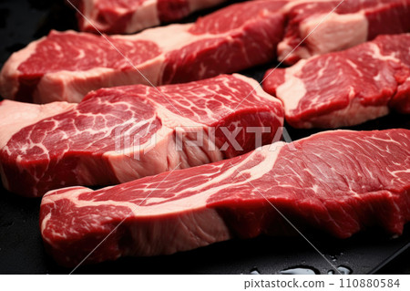 Marbled meat, top blade meat steak, on table background, with copy space for text Marbled meat, top blade meat steak, on table background, with copy space for text 110880584