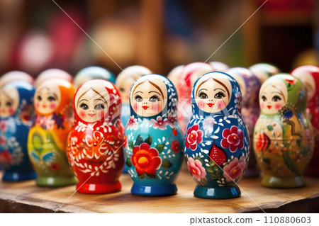 Brightly painted population of wooden Matryoshka or Babuska stacking dolls. Varying sizes. Females faces with red lipstick and rosy cheeks. Girls in traditional floral dresses and scarfs Brightly painted population of wooden Matryoshka or Babuska stacking dolls. Varying sizes. Females faces with red lipstick and rosy cheeks. Girls in traditional floral dresses and scarfs 110880603
