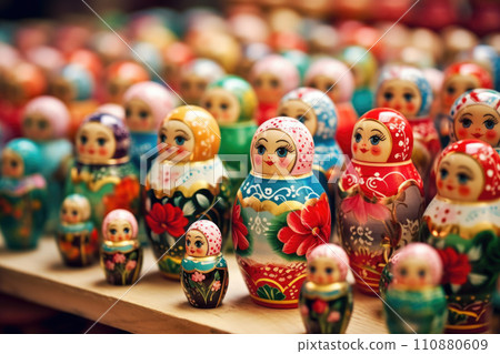 Brightly painted population of wooden Matryoshka or Babuska stacking dolls. Varying sizes. Females faces with red lipstick and rosy cheeks. Girls in traditional floral dresses and scarfs 110880609