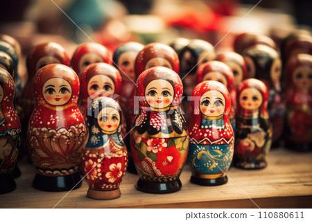 Brightly painted population of wooden Matryoshka or Babuska stacking dolls. Varying sizes. Females faces with red lipstick and rosy cheeks. Girls in traditional floral dresses and scarfs Brightly painted population of wooden Matryoshka or Babuska stacking dolls. Varying sizes. Females faces with red lipstick and rosy cheeks. Girls in traditional floral dresses and scarfs 110880611