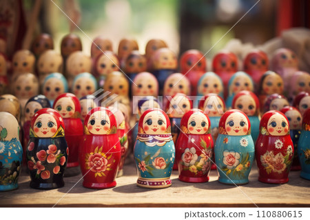 Brightly painted population of wooden Matryoshka or Babuska stacking dolls. Varying sizes. Females faces with red lipstick and rosy cheeks. Girls in traditional floral dresses and scarfs 110880615