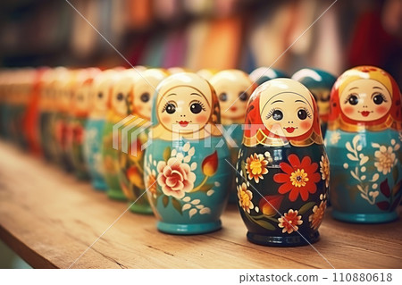 Brightly painted population of wooden Matryoshka or Babuska stacking dolls. Varying sizes. Females faces with red lipstick and rosy cheeks. Girls in traditional floral dresses and scarfs Brightly painted population of wooden Matryoshka or Babuska stacking dolls. Varying sizes. Females faces with red lipstick and rosy cheeks. Girls in traditional floral dresses and scarfs 110880618