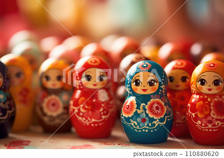 Brightly painted population of wooden Matryoshka or Babuska stacking dolls. Varying sizes. Females faces with red lipstick and rosy cheeks. Girls in traditional floral dresses and scarfs Brightly painted population of wooden Matryoshka or Babuska stacking dolls. Varying sizes. Females faces with red lipstick and rosy cheeks. Girls in traditional floral dresses and scarfs 110880620