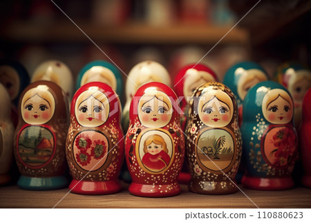 Brightly painted population of wooden Matryoshka or Babuska stacking dolls. Varying sizes. Females faces with red lipstick and rosy cheeks. Girls in traditional floral dresses and scarfs 110880623