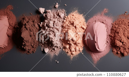 Cosmetic set of various shades compact and loose face powder, bronzed pearls, concealer and makeup brush on black background. Top view point, flat lay Cosmetic set of various shades compact and loose face powder, bronzed pearls, concealer and makeup brush on black background. Top view point, flat lay 110880627