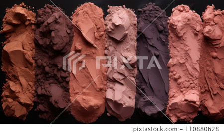 Cosmetic set of various shades compact and loose face powder, bronzed pearls, concealer and makeup brush on black background. Top view point, flat lay Cosmetic set of various shades compact and loose face powder, bronzed pearls, concealer and makeup brush on black background. Top view point, flat lay 110880628