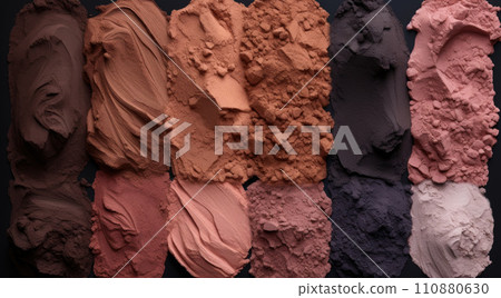 Cosmetic set of various shades compact and loose face powder, bronzed pearls, concealer and makeup brush on black background. Top view point, flat lay Cosmetic set of various shades compact and loose face powder, bronzed pearls, concealer and makeup brush on black background. Top view point, flat lay 110880630