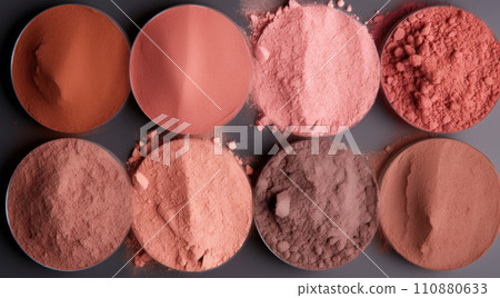 Cosmetic set of various shades compact and loose face powder, bronzed pearls, concealer and makeup brush on black background. Top view point, flat lay Cosmetic set of various shades compact and loose face powder, bronzed pearls, concealer and makeup brush on black background. Top view point, flat lay 110880633