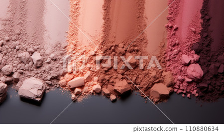 Cosmetic set of various shades compact and loose face powder, bronzed pearls, concealer and makeup brush on black background. Top view point, flat lay 110880634