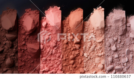 Cosmetic set of various shades compact and loose face powder, bronzed pearls, concealer and makeup brush on black background. Top view point, flat lay Cosmetic set of various shades compact and loose face powder, bronzed pearls, concealer and makeup brush on black background. Top view point, flat lay 110880637