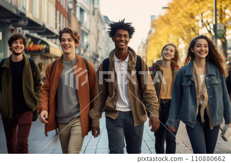 Happy multiracial friends walking down the street. Friendship concept with multicultural young people on winter clothes having fun together 110880662